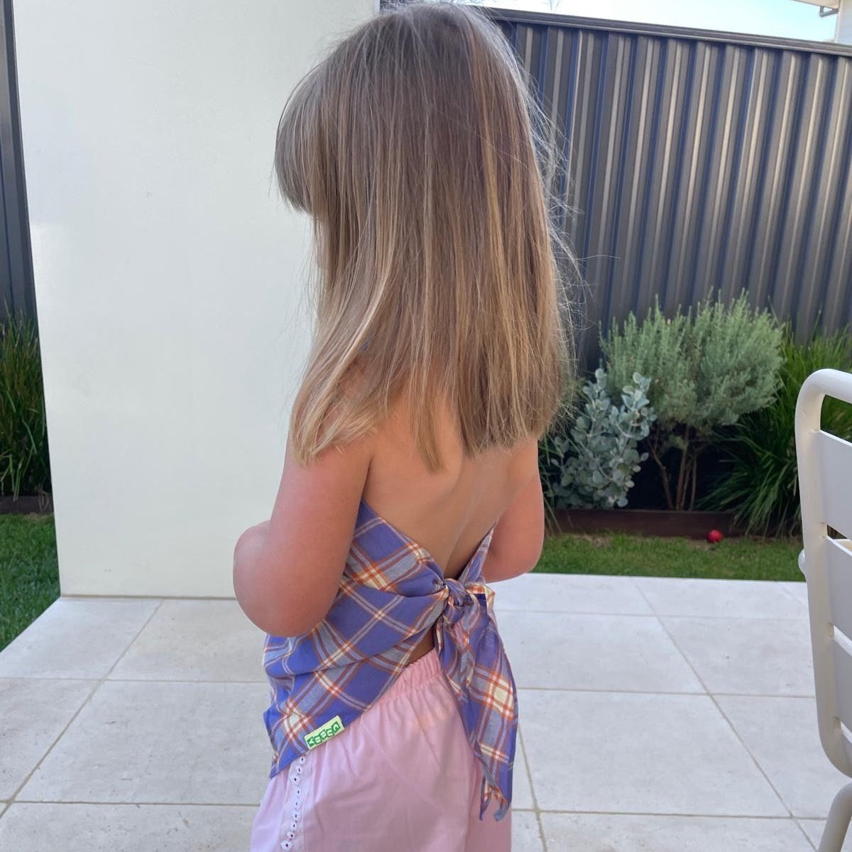Margaux wearing Ari Scarf Top in Iris Check. Age 3 • Wearing 2-3Y