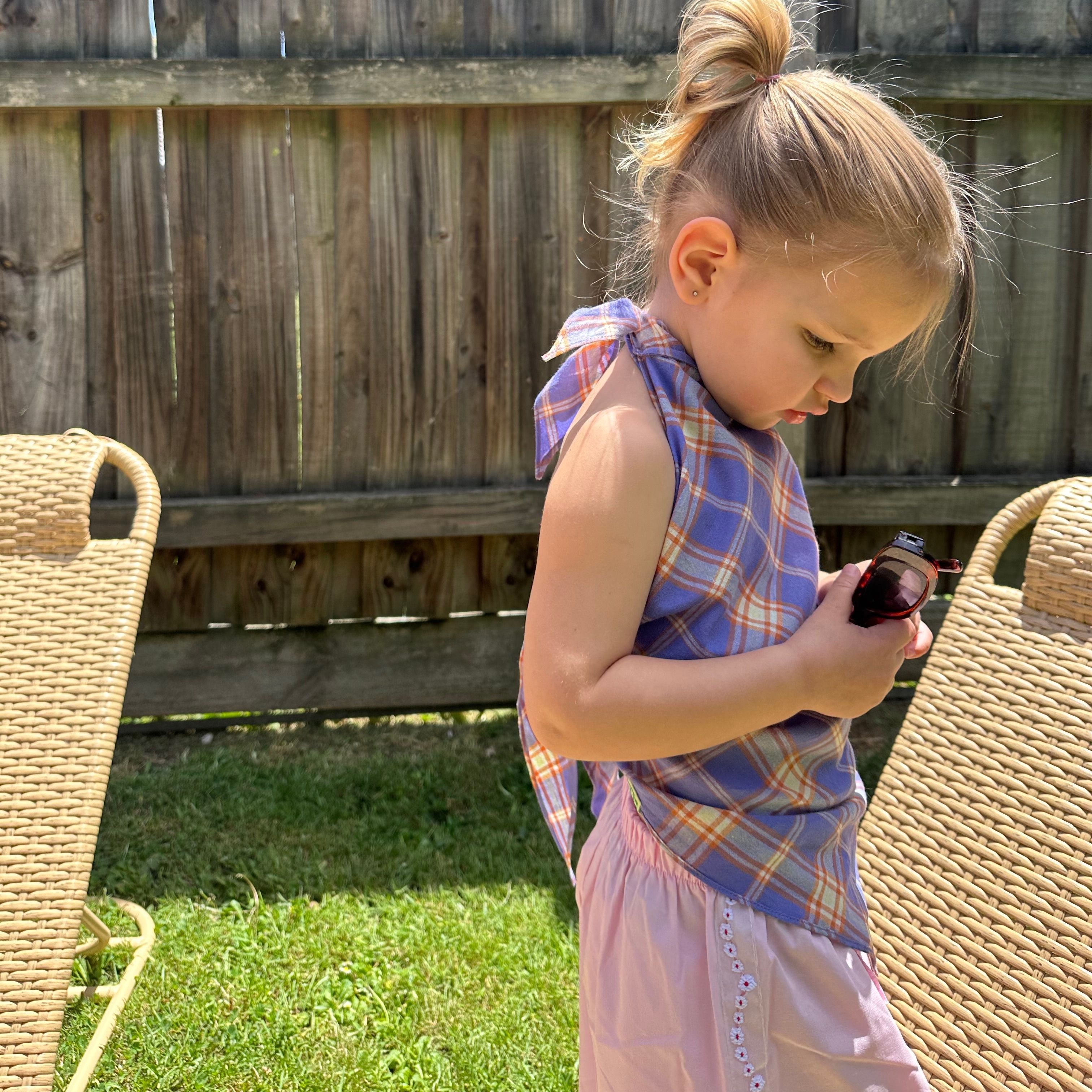 Ajla wearing Ari Scarf Top in Iris Check. Age 3 • Wearing 2-3Y