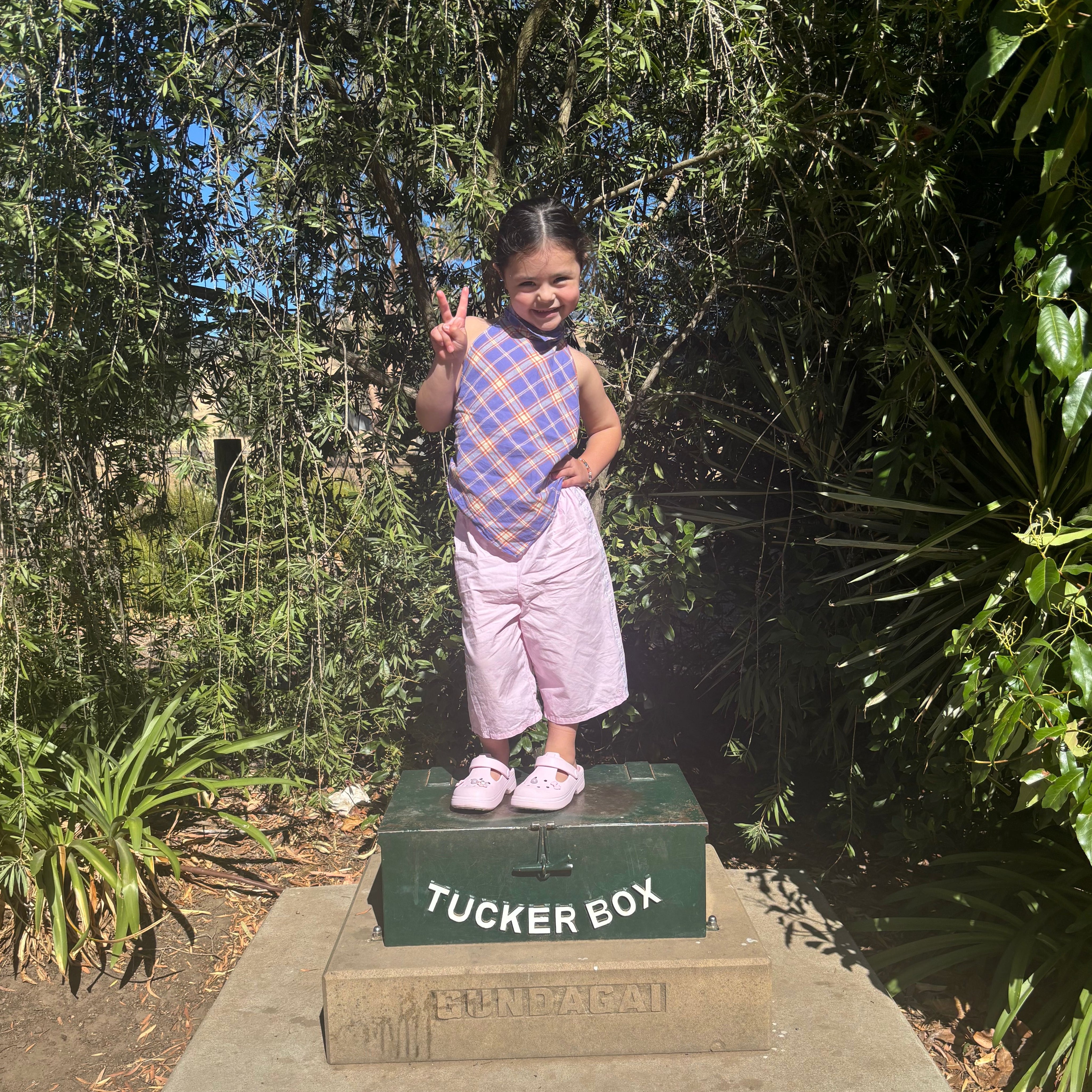 Maeve wearing Ari Scarf Top in Iris Check. Age 4 • Wearing 6-8Y