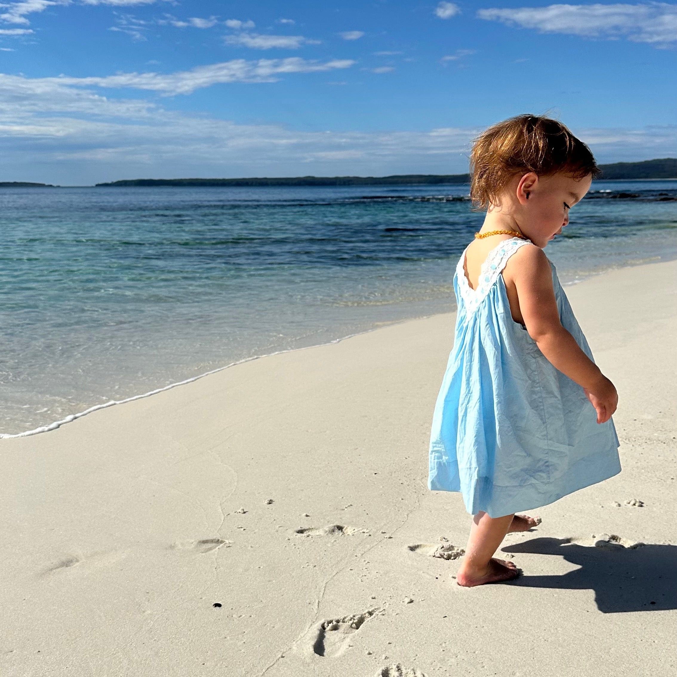 Lola wearing Polly Dress in Float. Age 2 • Wearing 12-18m