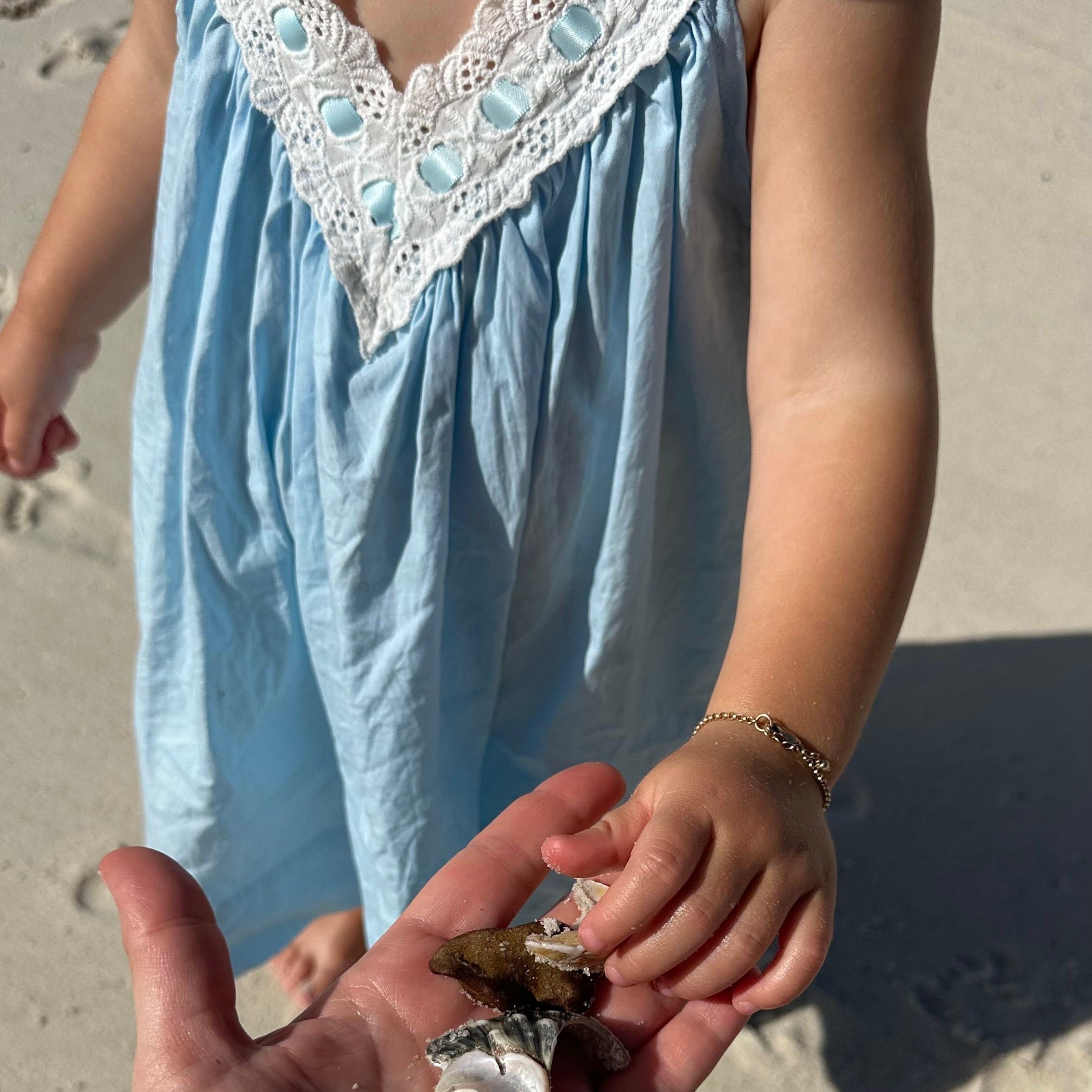 Lola wearing Polly Dress in Float. Age 2 • Wearing 12-18m