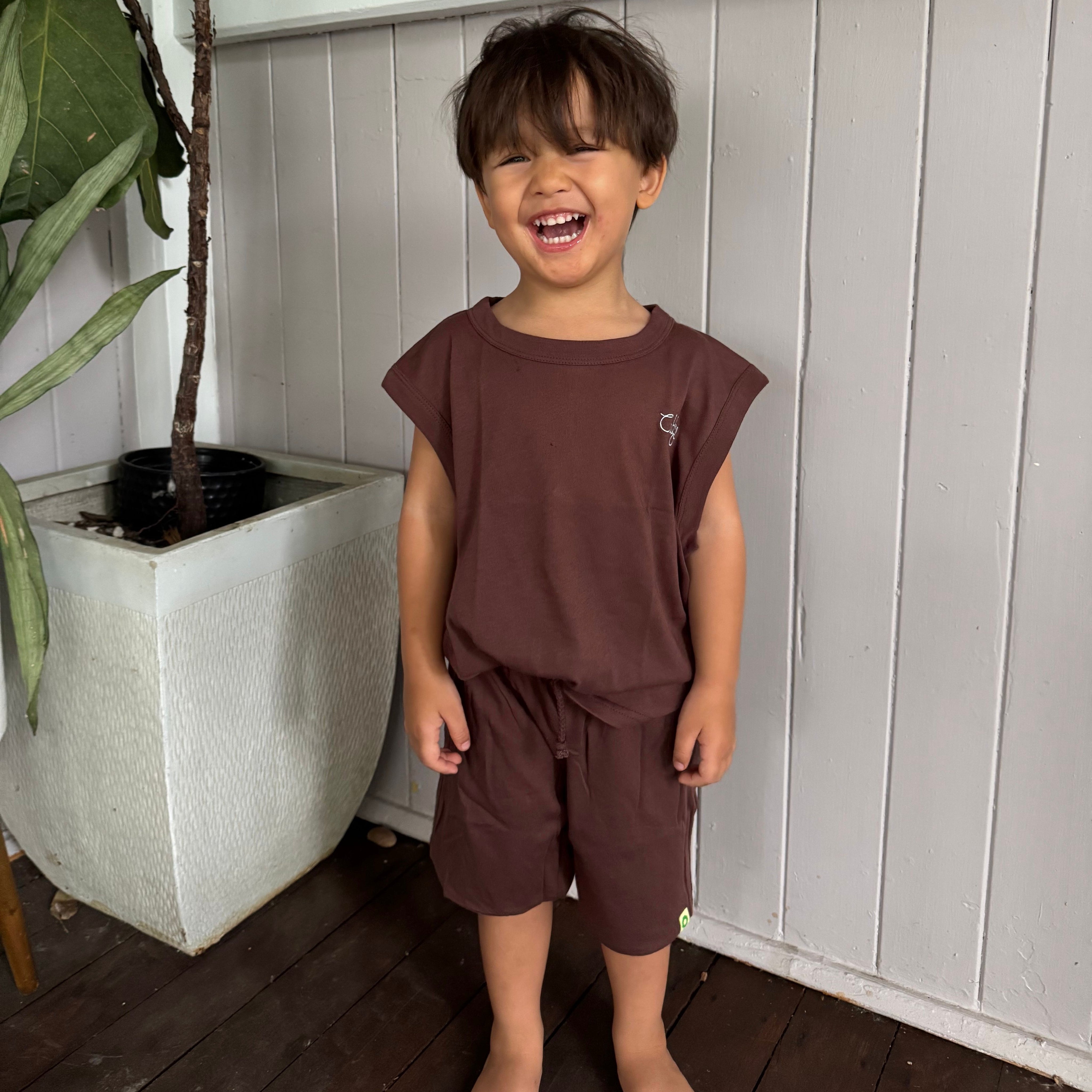 Charlie wearing Cubby Tank in Choccy. Age 3 • Wearing 2-3Y