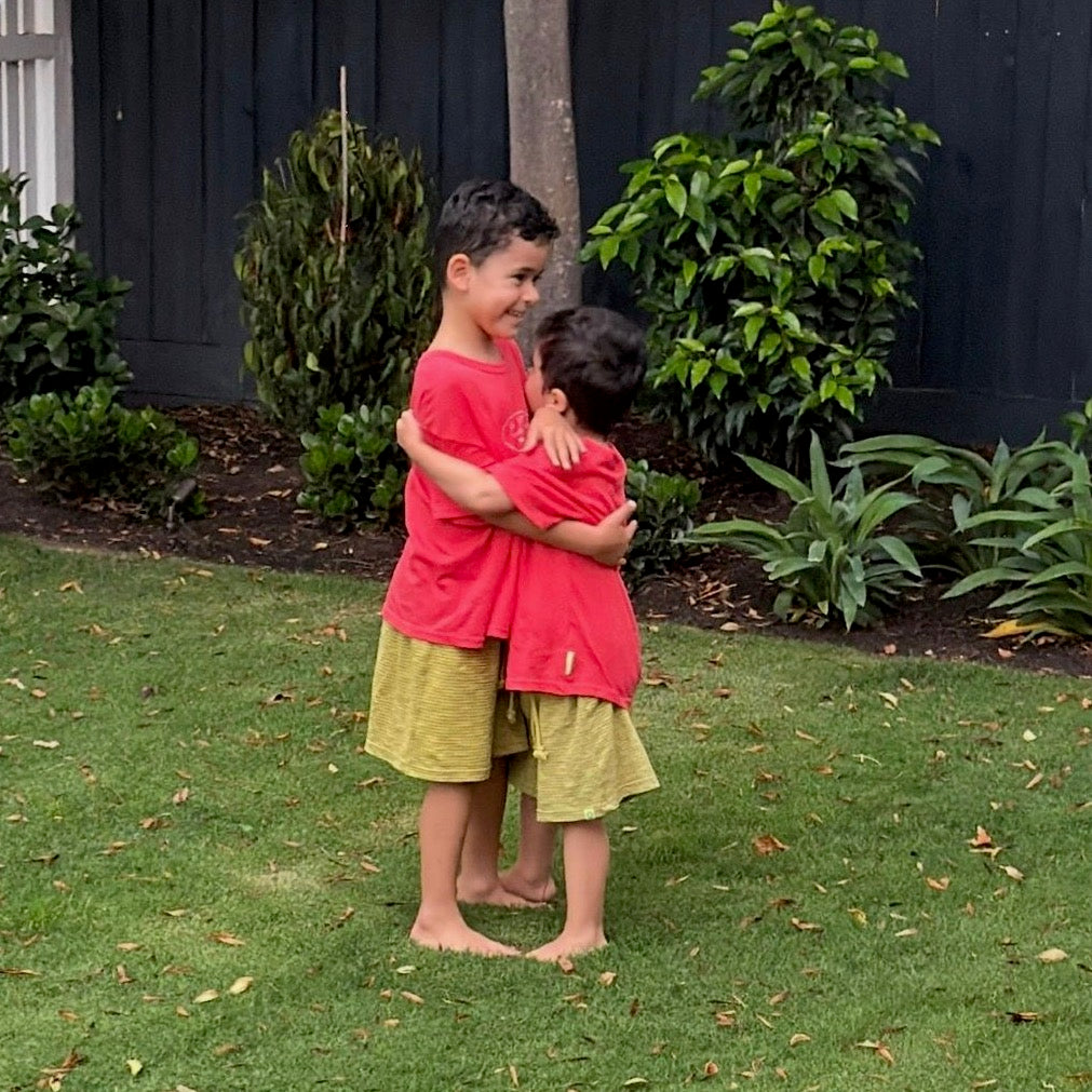 Pete &amp; Max wearing Summer Knit Short in Treehouse Stripe. Age 3 • Wearing 4-5Y