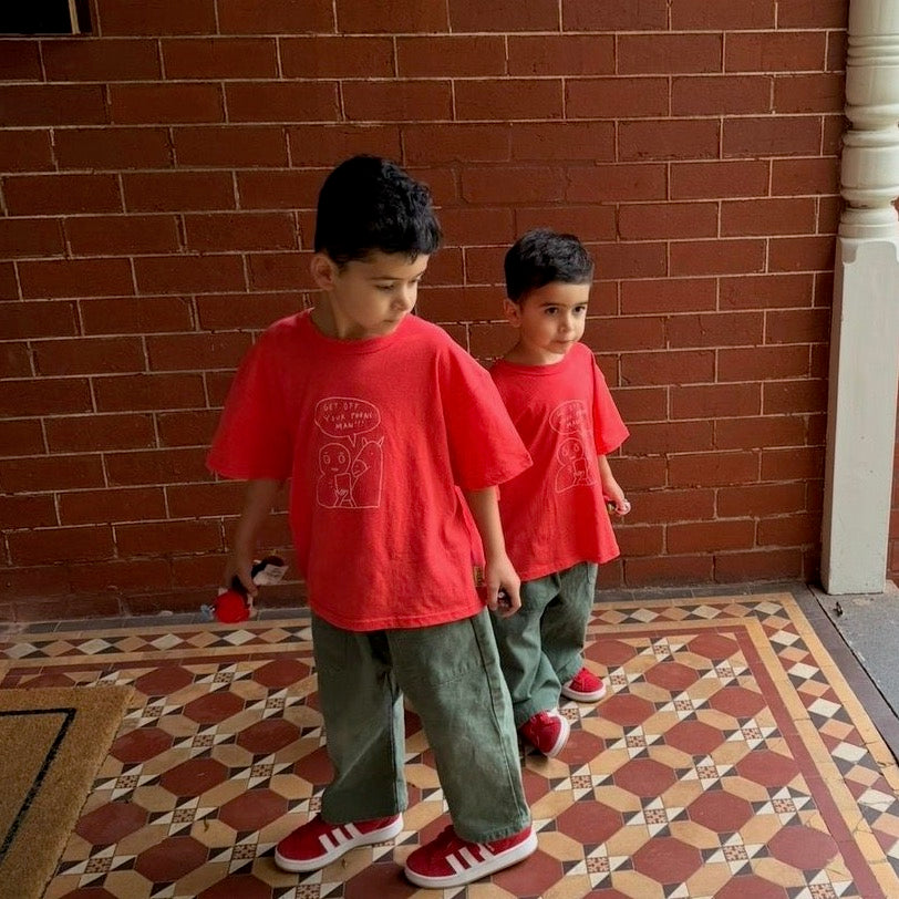 Pete &amp; Max wearing Stewie Tee in Matchstick. Age 3 • Wearing 4-5Y