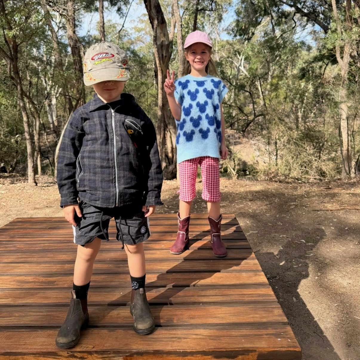 Peaches wearing Poppy Capri in Ruby Check. Age 8 • Wearing 6-8Y