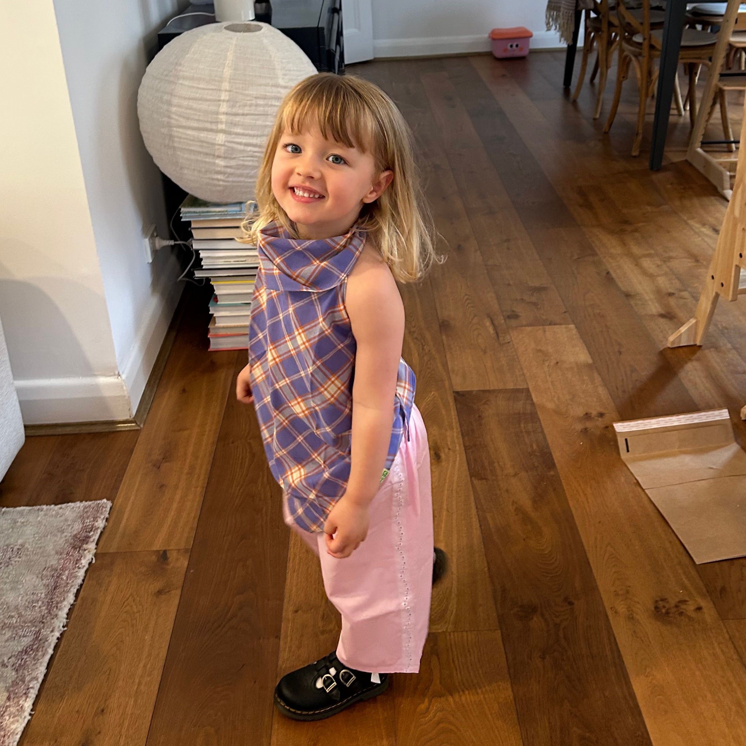 Lily wearing Ari Scarf Top in Iris Check. Age 3 • Wearing 2-3Y