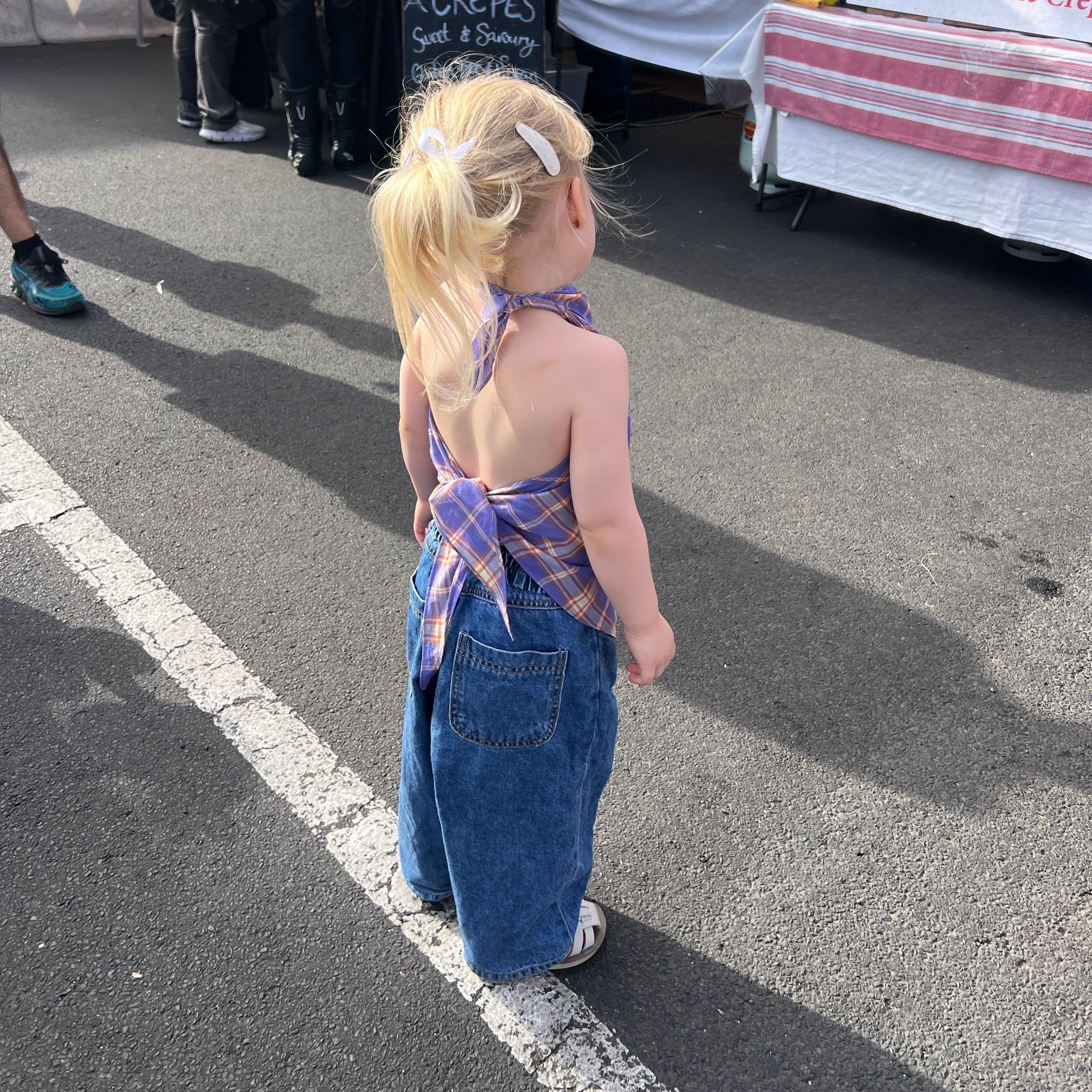 Stevie wearing Ari Scarf Top in Iris Check. Age 3 • Wearing 4-5Y