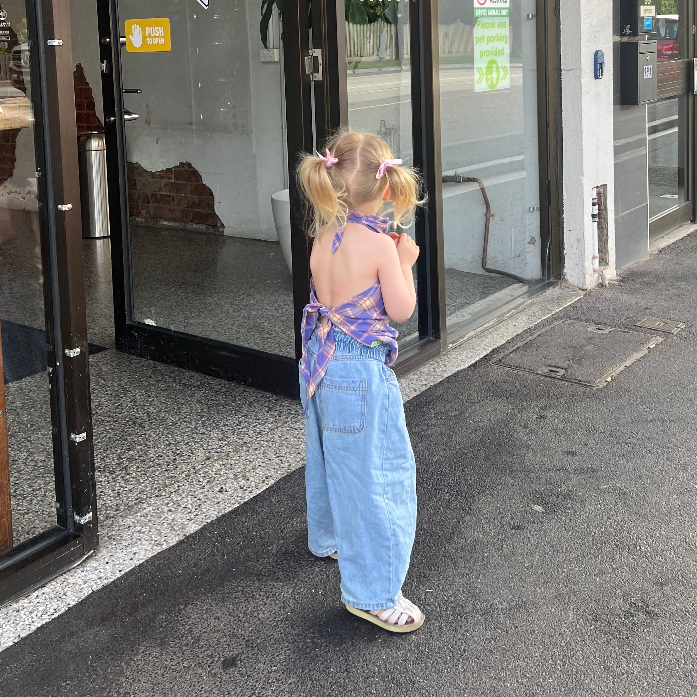 Stevie wearing Ari Scarf Top in Iris Check. Age 3 • Wearing 4-5Y
