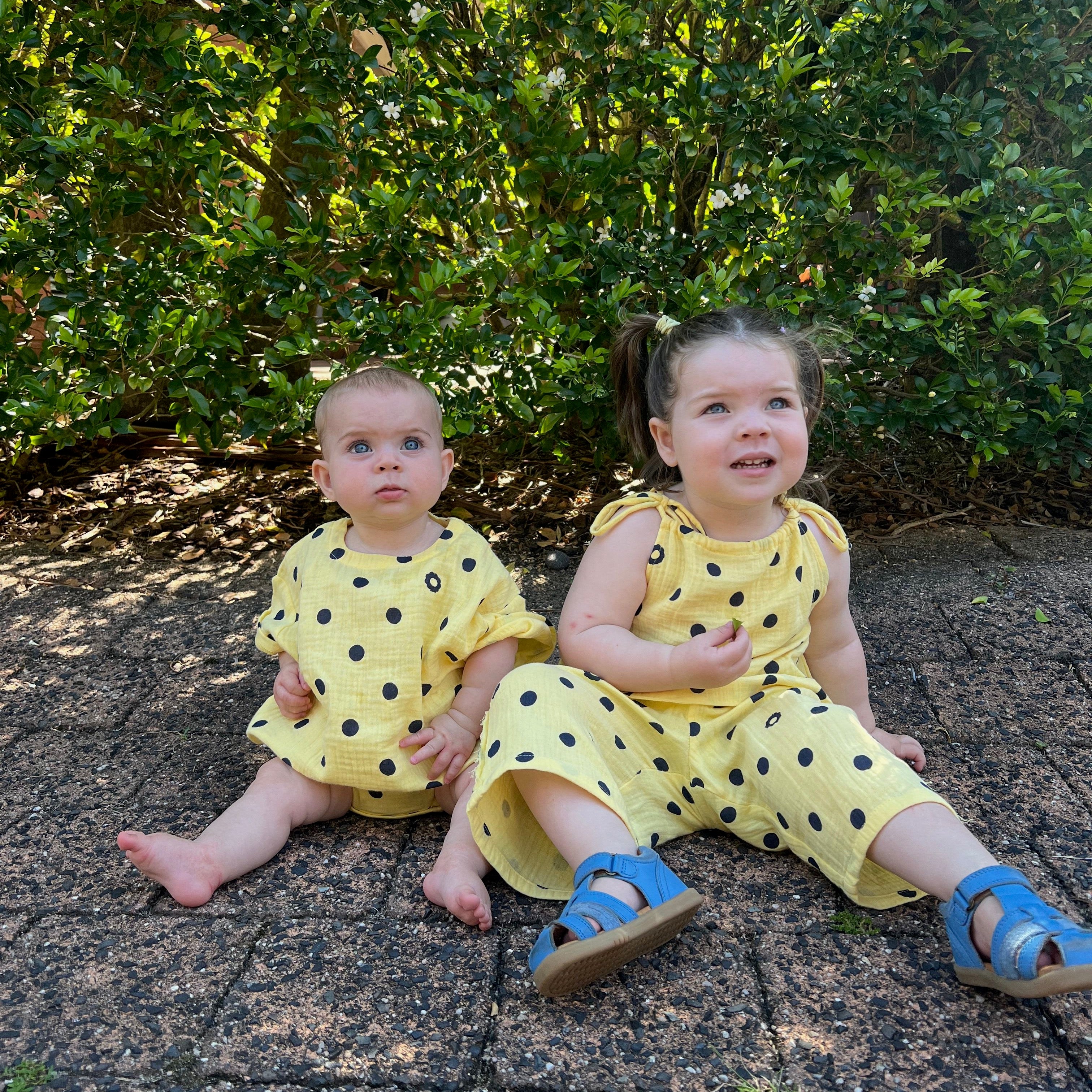 Ruby &amp; Goldie wearing Lyra Lace Up Tank in Butter Dot. Age 3 • Wearing 2-3Y