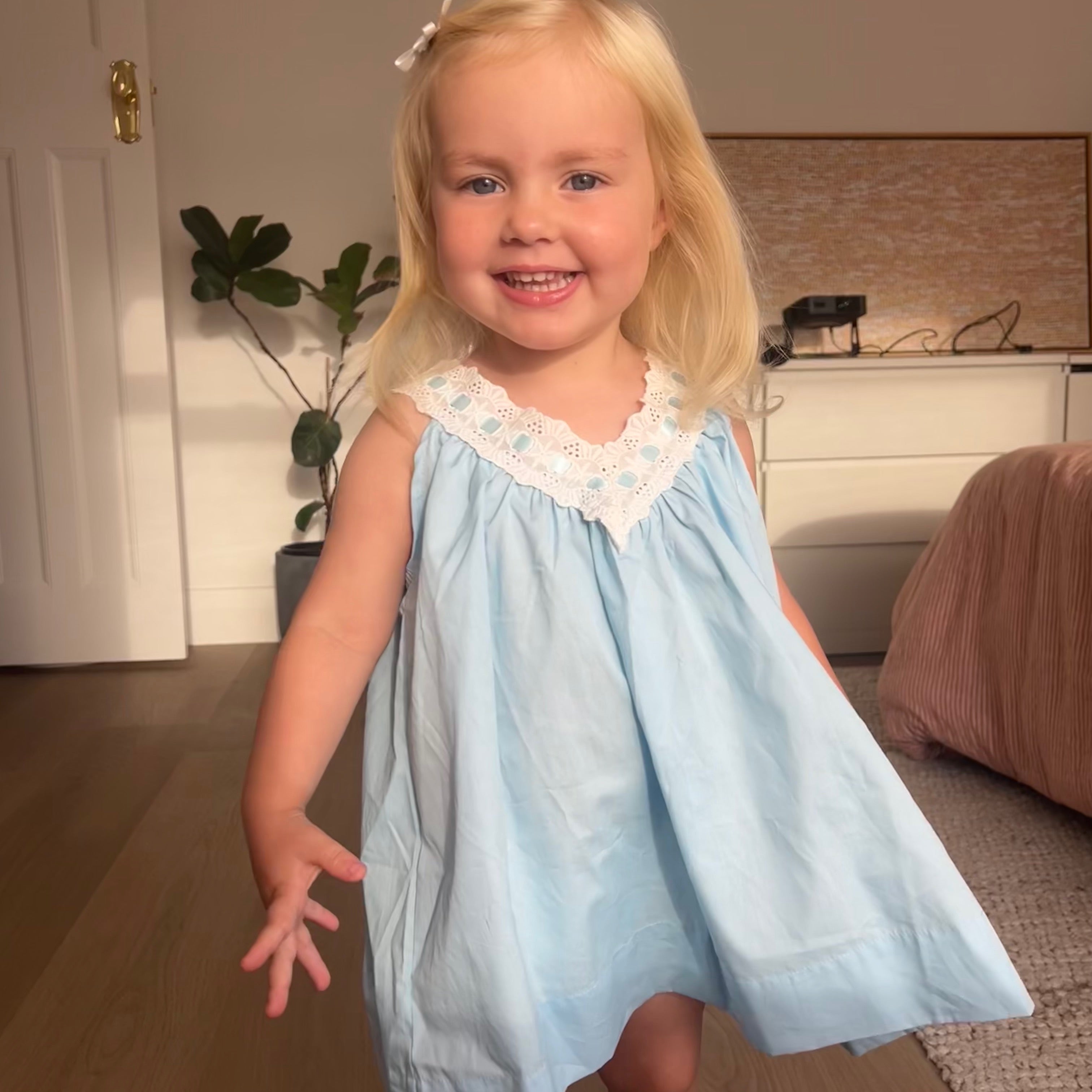 Henrietta wearing Polly Dress in Float. Age 2 • Wearing 2-3Y